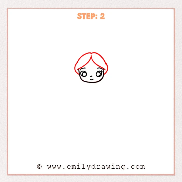 how to draw an alice in wonderland - Step 2: Parted bangs and the top hair outline are added above Alice’s face.